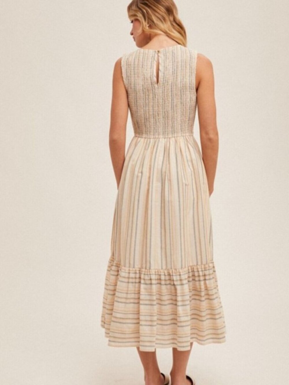 HEM & THREAD Smocked Tiered Mixed Striped Midi Dress Size S NWT - Picture 2 of 4